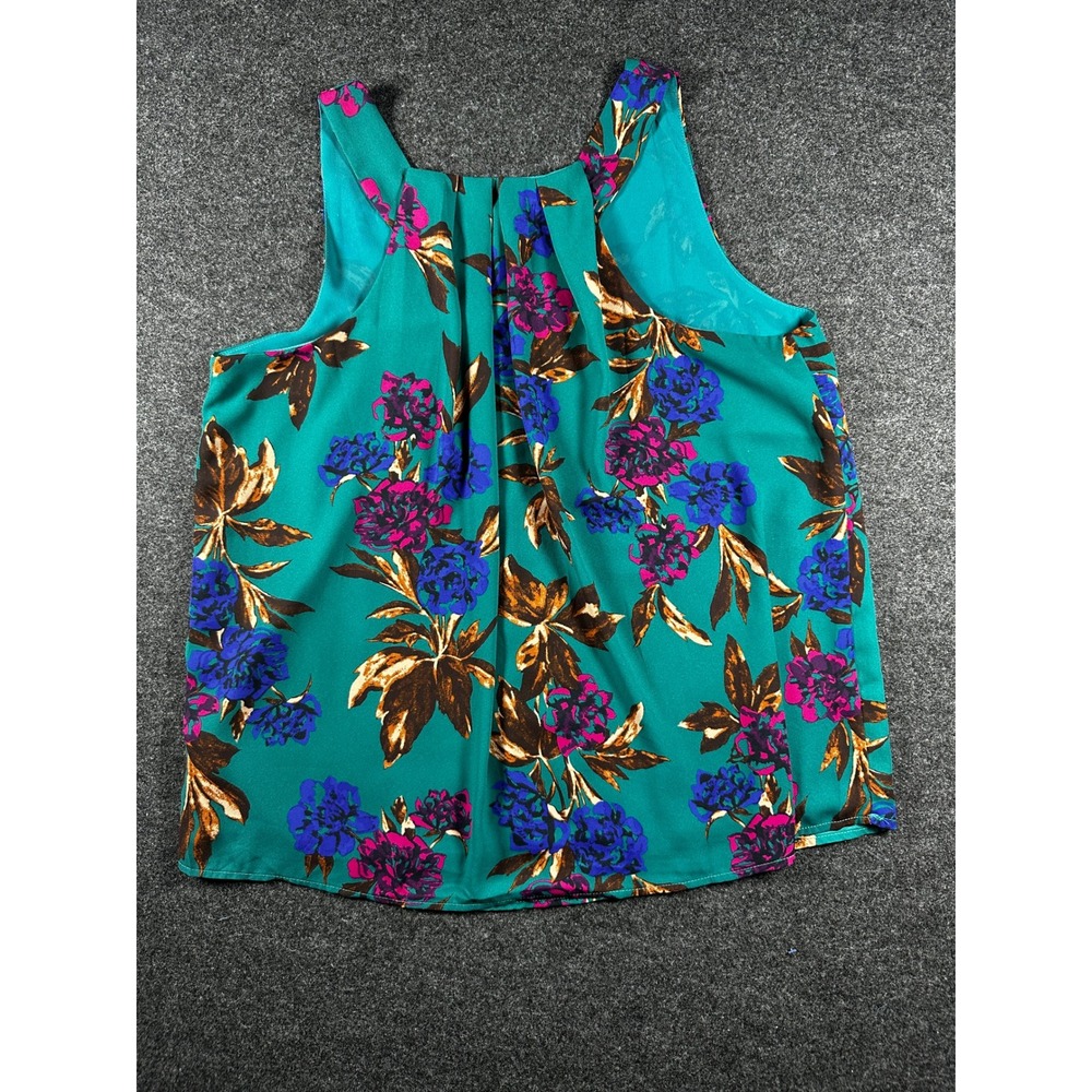 Everly Teal Green Floral V-Neck Pleated Back Sleeveless Blouse Top Large T10369D - Picture 2 of 6